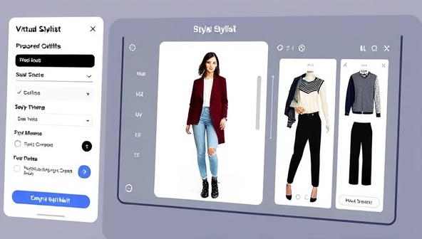 An interactive online platform where users can input their style preferences and body measurements, with a virtual stylist creating personalized outfit suggestions displayed on a digital screen, showcasing a seamless and user-friendly experience.