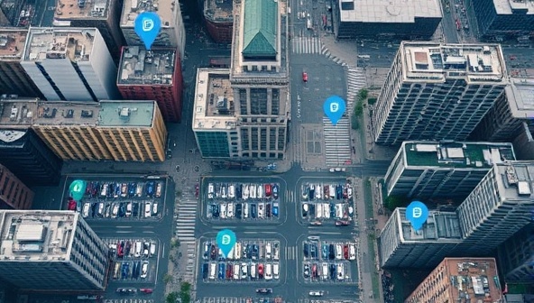 An aerial view of a bustling cityscape with highlighted smart parking spaces indicated by digital markers, showcasing the convenience and efficiency of the ParkEase Smart subscription service in urban environments.