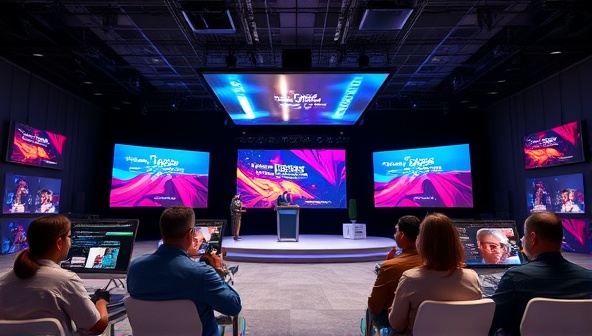 A virtual event setup with a stage, interactive screens, and virtual attendee avatars participating in an engaging virtual conference, with colorful graphics and dynamic content, illustrating the modern and immersive nature of virtual events.