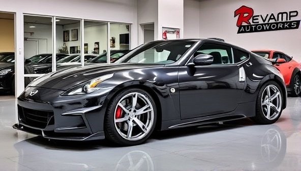 A sleek and customized sports car in a showroom setting, featuring unique paintwork, customized rims, and interior luxury upgrades, reflecting the quality and craftsmanship of Revamp AutoWorks' services.