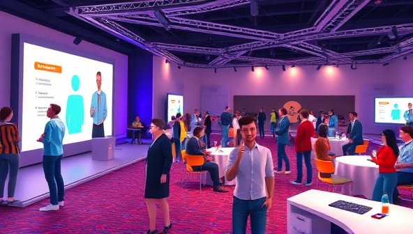 An animated representation of a virtual event space with avatars interacting, engaging in activities, and attending virtual sessions, capturing the vibrant and dynamic atmosphere of VirtualVibes' virtual event planning services.