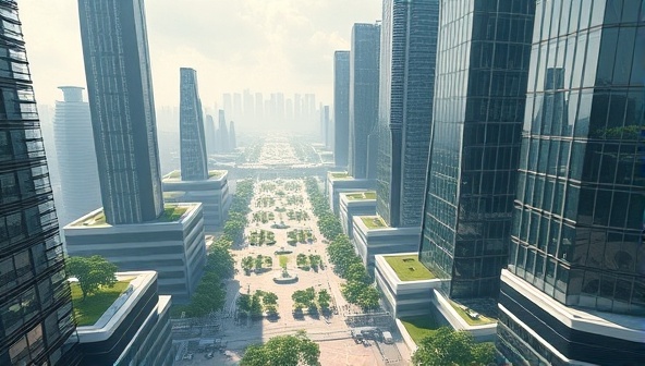 An immersive 3D rendering of a futuristic cityscape with sleek skyscrapers and green spaces, highlighting the power of architectural visualization in creating stunning urban environments.