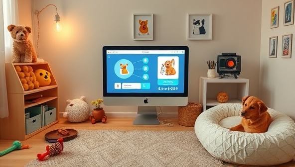 A pet-friendly virtual room setup with a computer displaying a pet health monitoring app interface, surrounded by pet toys, treats, veterinary guides, and a cozy pet bed, creating a warm and inviting online pet health monitoring environment.