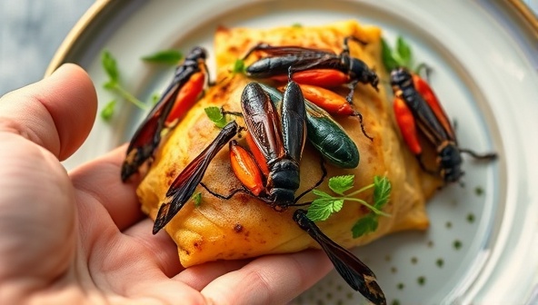 An artistic close-up of a hand holding a freshly prepared dish featuring colorful edible insects garnished with herbs, presented on a stylish plate, challenging perceptions and promoting insect cuisine as a sustainable food choice.