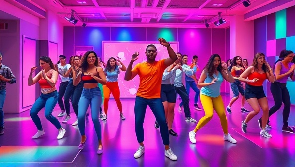 A dynamic virtual dance studio scene showcasing a diverse group of avatars dancing to the beat of vibrant music, led by a charismatic dance instructor in a lively and colorful digital environment, radiating energy, movement, and community spirit in a virtual dance fitness experience.