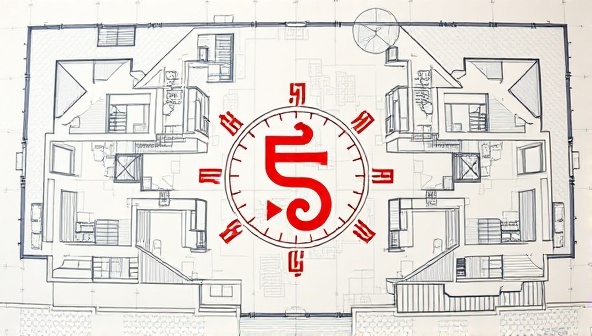 An artistic fusion of architectural blueprints and Feng Shui symbols, blending modern design elements with traditional energy flow concepts, symbolizing harmony and balance in architectural spaces.