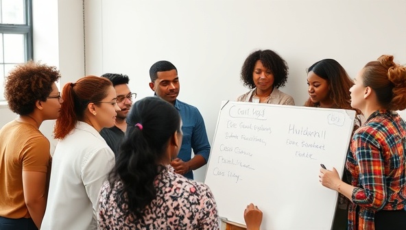 A diverse group of professionals engaging in a cultural sensitivity training session, with a facilitator leading a discussion on a whiteboard, surrounded by participants from different ethnic backgrounds, promoting inclusivity and collaboration.