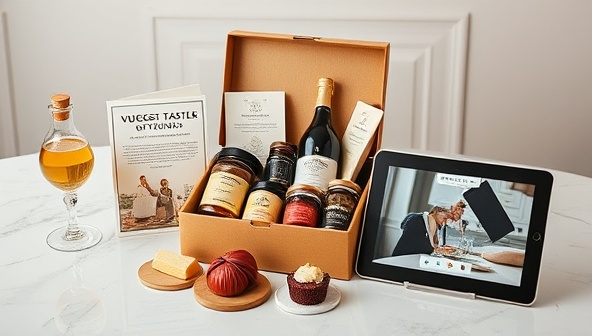 An elegant and enticing virtual food tasting setup featuring a beautifully arranged selection of gourmet products in a tasting box, accompanied by tasting notes, a tasting guide, and a tablet displaying the live virtual event, creating an immersive and indulgent tasting experience for participants.