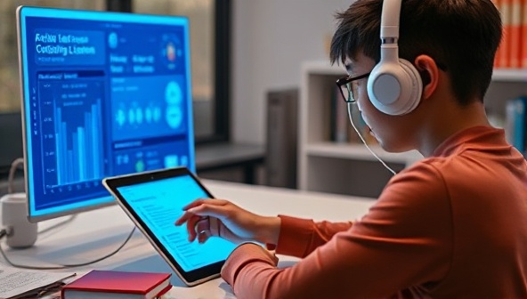 An AI-powered virtual tutor interacting with a student on a digital tablet, analyzing learning patterns and adjusting the lesson plan in real-time, illustrating the personalized and adaptive nature of GeniusMate's tutoring approach.