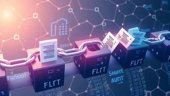 An artistic representation of interconnected blocks forming a secure chain with financial documents and audit reports flowing through them, symbolizing transparency and trust in audit verification using blockchain technology.