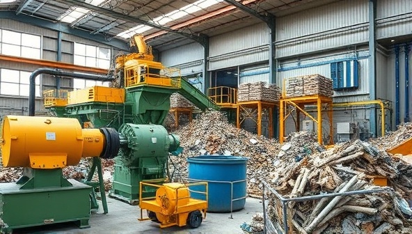 An innovative recycling facility processing mining waste into reusable materials, with advanced machinery and eco-friendly processes in action, highlighting the transformation of waste into valuable resources.