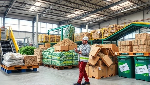 An innovative waste upcycling facility converting agricultural waste into compost and sustainable packaging materials, with a focus on resource efficiency and environmental conservation, illustrating the circular economy principles in action.