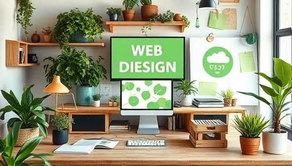 An eco-friendly web design consultancy setting with a focus on sustainability, featuring a green workspace, recycled materials, and digital screens displaying energy-saving web design strategies, promoting the concept of eco-conscious web design solutions.