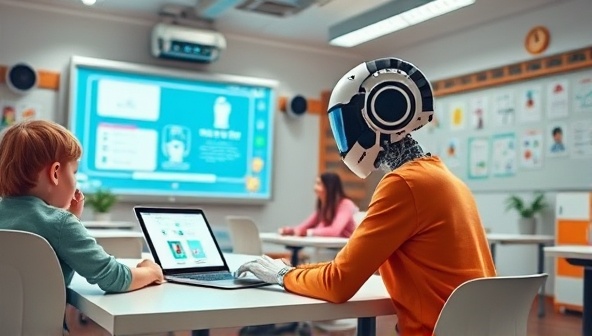 An interactive digital classroom setting with a futuristic AI tutor guiding students through engaging educational activities, highlighting the innovative and personalized learning experience offered by TutorBot AI.