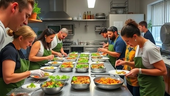 A heartwarming scene in the community kitchen of Nourish to Flourish Cafe, with volunteers of diverse backgrounds joyfully preparing rescued ingredients, cooking delicious meals, and serving them to grateful guests, embodying the spirit of sustainable dining, community support, and culinary creativity.
