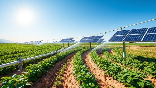 A sunlit farm field equipped with solar panels powering a network of irrigation pipes and sprinklers, efficiently watering rows of thriving crops under the clear blue sky, illustrating the sustainable and eco-friendly essence of solar-powered irrigation systems from Sunflow AgriTech.