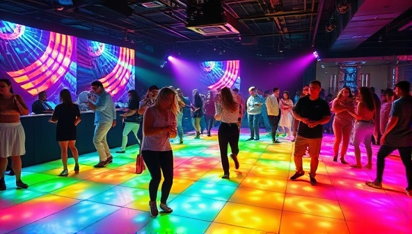 An energetic nightclub scene with colorful kinetic energy dance floors lighting up as people dance on them, showcasing a vibrant and sustainable entertainment experience, with club-goers enjoying the interactive and eco-friendly atmosphere.