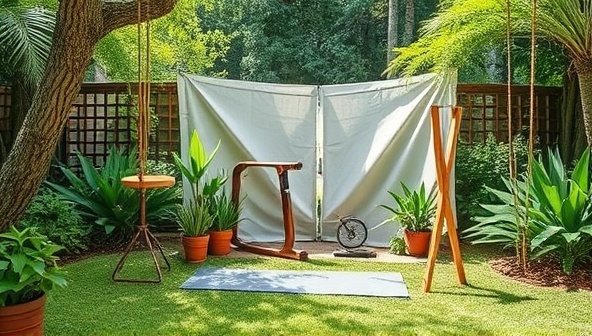 An array of eco-friendly fitness equipment displayed in a lush outdoor setting, surrounded by greenery and natural elements, highlighting the sustainable and nature-friendly aspect of the business.