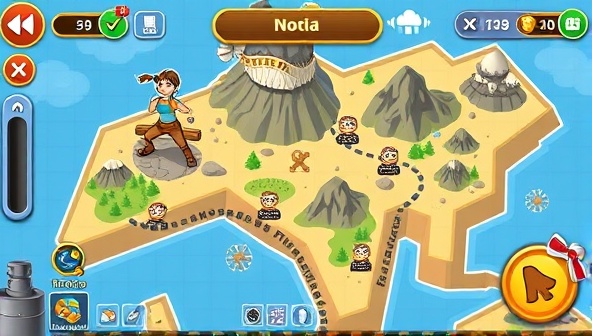 An adventurous fitness gaming app interface featuring a virtual world map with various fitness challenges and quests, interactive avatars engaging in physical activities, and reward chests awaiting successful completion, creating an immersive and motivating exercise experience.