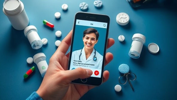 An engaging image of a smartphone displaying a medication consultation app interface with a user chatting with a pharmacist, surrounded by virtual pill bottles and medical icons, highlighting the convenience and personalized nature of the service.