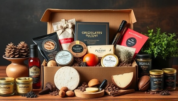 An elegant and enticing display of a gourmet food subscription box filled with an assortment of delicacies, including artisanal cheeses, exotic spices, decadent chocolates, and gourmet condiments, inviting subscribers to savor the flavors of the world.