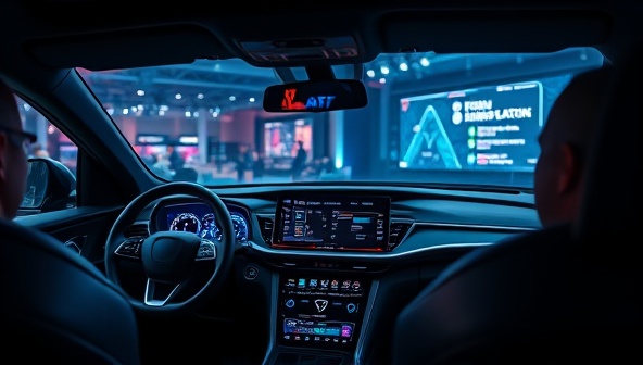 A futuristic digital dashboard display in a high-tech vehicle, showcasing innovative automotive tech features with a backdrop of a tech conference setting, symbolizing expert insights and cutting-edge solutions.