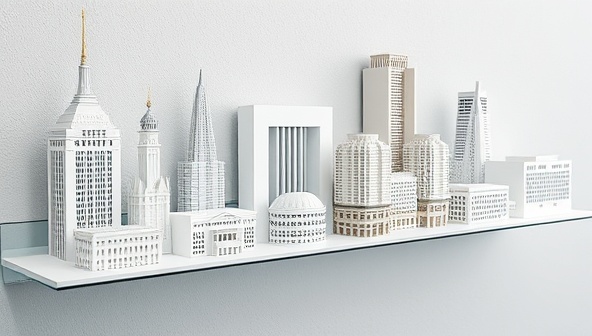 An array of 3D printed architectural models displayed on a sleek modern shelf, showcasing a miniature cityscape, iconic buildings, and intricate architectural details to captivate the imagination of architects and design enthusiasts.