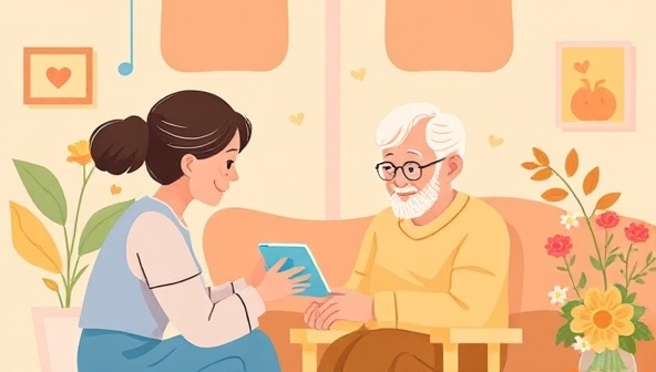 A heartwarming illustration of a caregiver engaging with an elderly individual through a video call, surrounded by comforting elements and reminders of care and companionship, symbolizing the essence of Golden Care Connect in supporting seniors' well-being and independence.