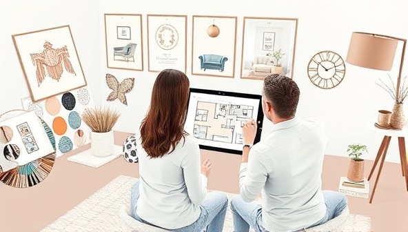 A stylish digital rendering of a virtual interior design consultation, featuring a designer presenting a room layout on a digital tablet to a client, surrounded by mood boards, fabric swatches, and design samples, conveying creativity and personalized design solutions.