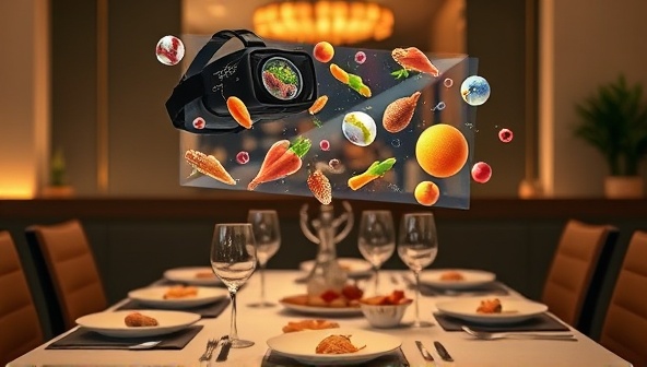 An AR headset projection overlaying digital animations of floating ingredients, culinary effects, and interactive menus onto a real-world dining table set with gourmet dishes and utensils, illustrating the futuristic and immersive Virtual Flavor Quest dining experience where food meets technology in a captivating fusion.
