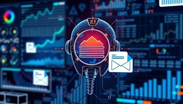 An AI algorithm analyzing data points and creating customized email templates, surrounded by digital charts and graphs illustrating the optimization process, representing the innovative and data-driven approach of AIConnect.
