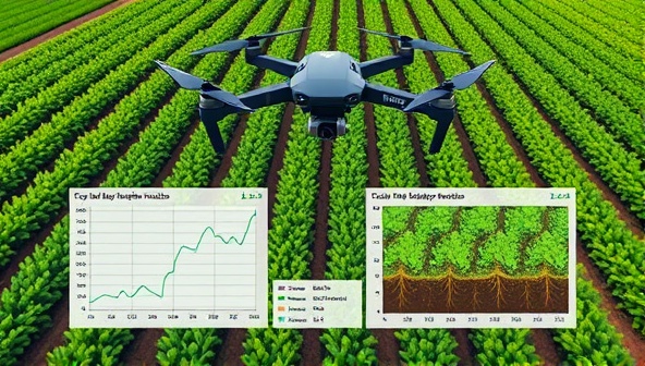An aerial view captured by a drone showing lush green farmland with rows of crops, overlaid with data visualizations indicating crop health metrics and soil conditions, portraying the power of aerial insights in agriculture.