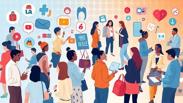 An artistic representation of the MicroMingle platform, showcasing a diverse array of micro-influencers and brands mingling in a virtual community space, exchanging ideas and forming partnerships, symbolizing the collaborative and authentic nature of micro-influencer marketing.