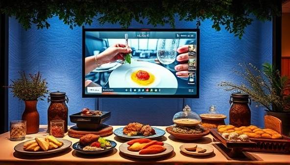 An immersive digital event setup with a screen displaying a live food tasting session, surrounded by thematic decor and a selection of international delicacies, creating a virtual culinary journey for participants.
