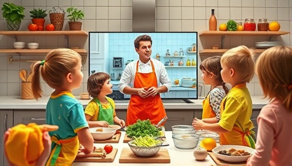 An image of a virtual cooking class session with kids wearing colorful aprons, surrounded by ingredients and kitchen utensils, eagerly following the chef's instructions on a screen, showcasing a fun and interactive learning environment.