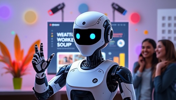 An engaging visual of a futuristic AI robot creating website mockups on a digital screen, surrounded by colorful design elements and satisfied customers looking impressed and inspired.