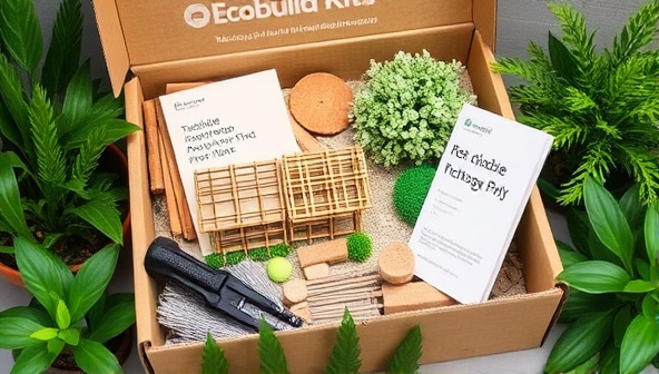 An eco-friendly architecture DIY kit box filled with recyclable materials, tools, and a guidebook, surrounded by green plants and natural elements, reflecting the sustainability and creativity of EcoBuild Kits.