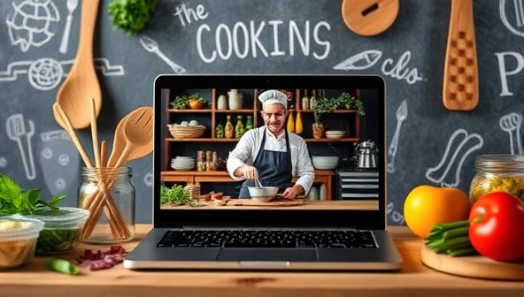 A virtual cooking class setup with ingredients, cooking utensils, and a laptop displaying a live cooking session with a chef, showcasing the immersive and interactive culinary experience.