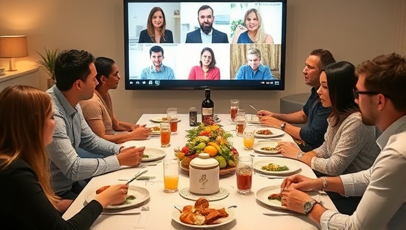 A virtual food tasting event setup with participants around a digital table sampling various gourmet snacks and drinks, interacting with suppliers via video chat, and exchanging tasting notes, fostering a sense of community and gastronomic discovery.