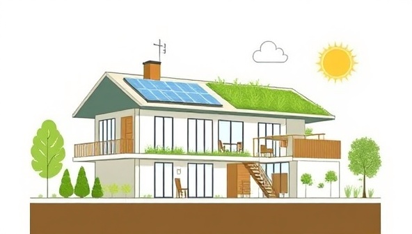 An artistic representation of a sustainable building design with elements like solar panels, green roofs, and natural ventilation systems, symbolizing the essence of eco-friendly architecture and sustainable practices offered by EcoBuildConsult.