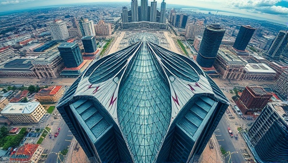 Aerial drone view capturing a modern architectural masterpiece from above, showcasing intricate details and geometric patterns of the building against a backdrop of a vibrant cityscape, highlighting the unique perspective and visual impact of architectural drone photography.