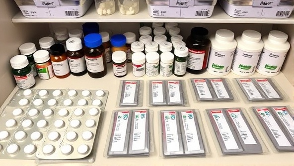 An organized medication packaging station with neatly arranged pill bottles, blister packs, and labeled packages, showcasing a systematic and efficient medication management process.