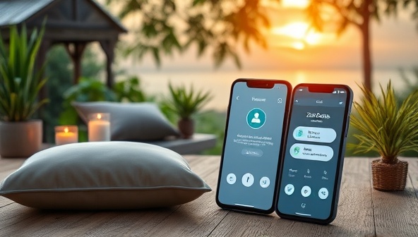 A serene and tranquil nature scene with a peaceful meditation space featuring cushions, candles, and plants, accompanied by a smartphone displaying the ZenZone App interface with a relaxing meditation session in progress, promoting mental calmness and relaxation.