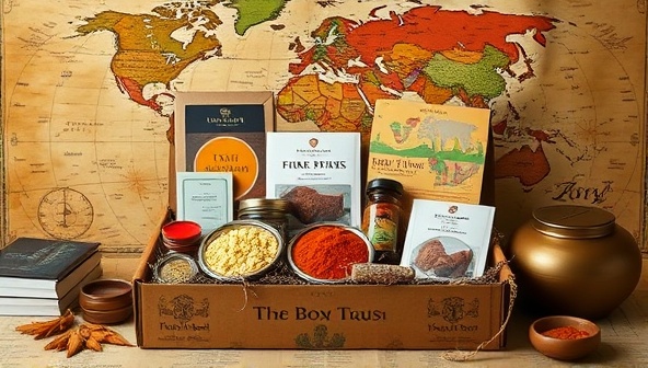 An enchanting subscription box filled with a colorful array of exotic spices, unique ingredients, recipe cards, and cultural artifacts from different countries, elegantly presented with a world map backdrop and travel-inspired motifs, inviting subscribers to embark on a culinary adventure around the globe.