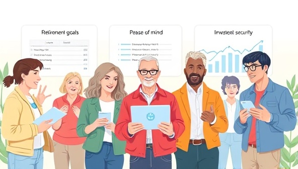 An illustrative depiction of a diverse group of individuals at different life stages engaging with the RetireReady platform, setting retirement goals, exploring investment options, and visualizing their future financial security, conveying peace of mind and preparedness.