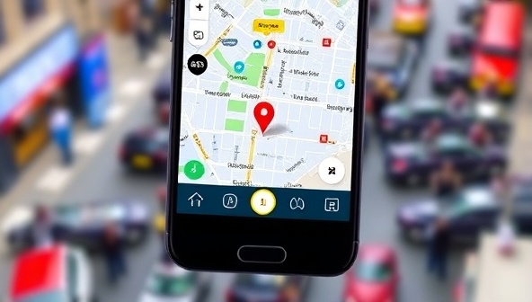 An interactive map display on a smartphone screen showing real-time parking availability in a crowded city center, with color-coded parking zones and navigation directions, illustrating the user-friendly and efficient features of ParkWise Technology's smart parking system.