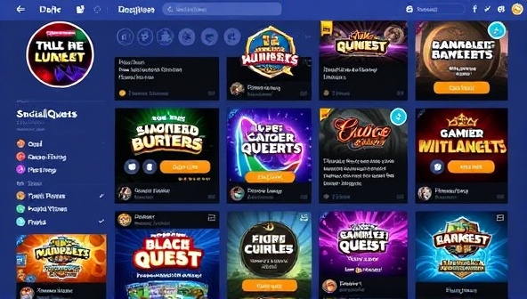 An engaging and colorful social media feed showcasing various gamified quests and challenges with vibrant graphics, badges, and rewards, illustrating the interactive and immersive nature of the SocialQuest platform.