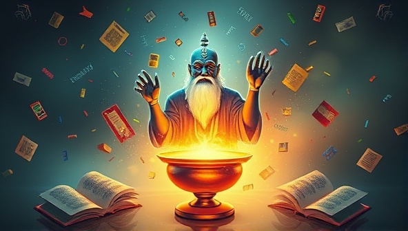 An artistic visualization of a magical genie emerging from a glowing lamp, surrounded by floating words, books, and creative elements, symbolizing inspiration and creativity unleashed by the AI-powered writing prompts generator, PromptGenie.