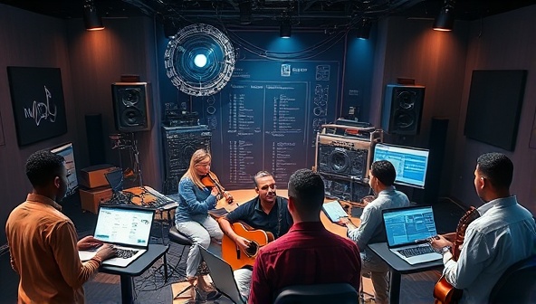 An artistic representation of a virtual music studio environment with musicians of diverse backgrounds interacting with mentors and peers through digital interfaces, capturing the essence of collaboration and learning in the music industry.