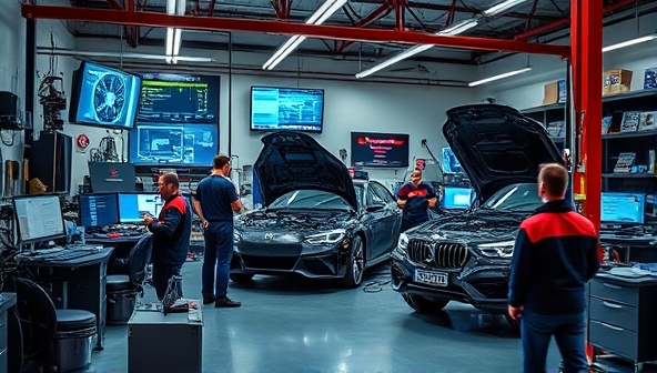 An automotive tech repair lab setting with technicians working on advanced vehicle tech systems, surrounded by diagnostic tools, software interfaces, and futuristic car displays, showcasing expertise and innovation in automotive technology solutions.